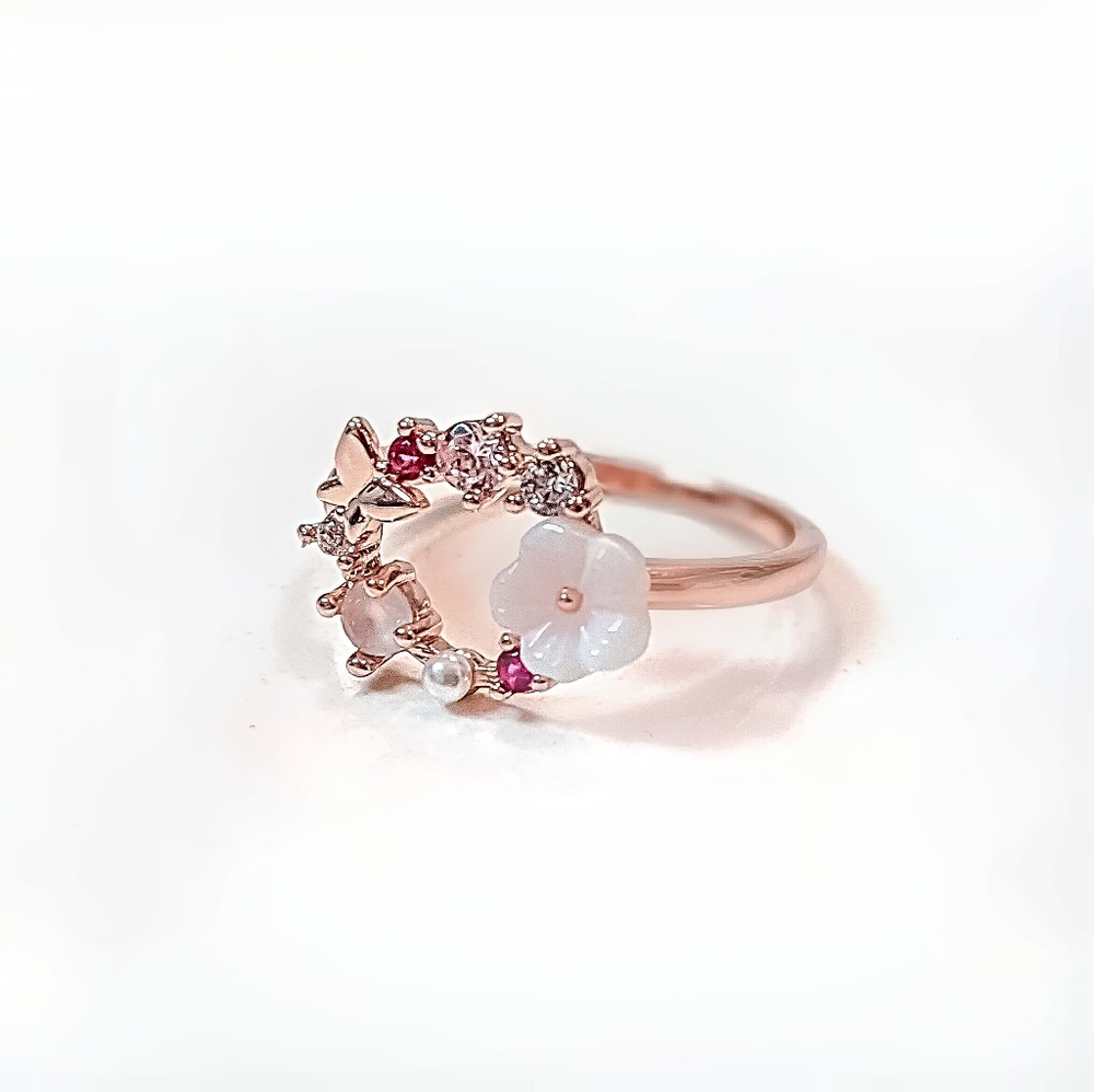 925 Hibiscus Pearl Rose Quartz Adjustable Ring - Picture 3 of 4